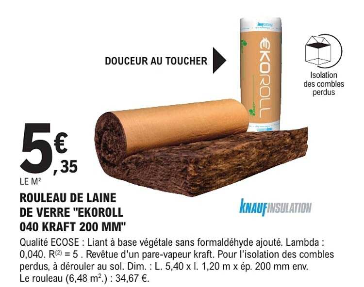 ROULEAU DE LAINE DE VERRE "EKOROLL 040 KRAFT 200 MM"