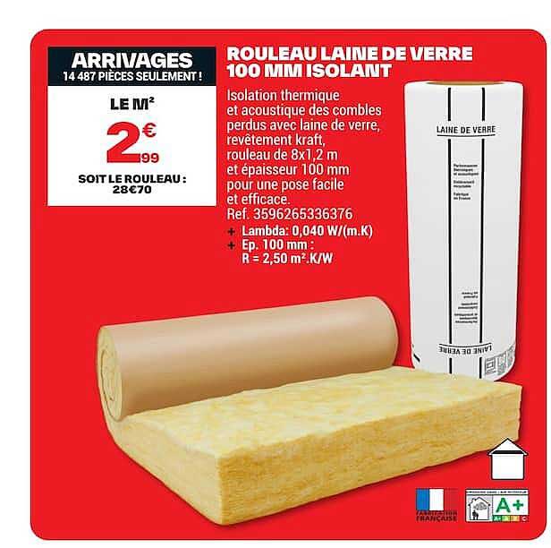 ROULEAU LAINE DE VERRE 100 MM ISOLANT