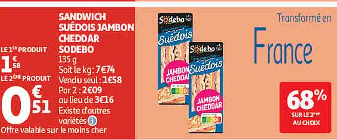 SANDWICH SUÉDOIS JAMBON CHEDDAR SODEBO