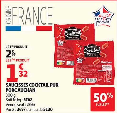 SAUCISSES COCKTAIL PUR PORC AUCHAN