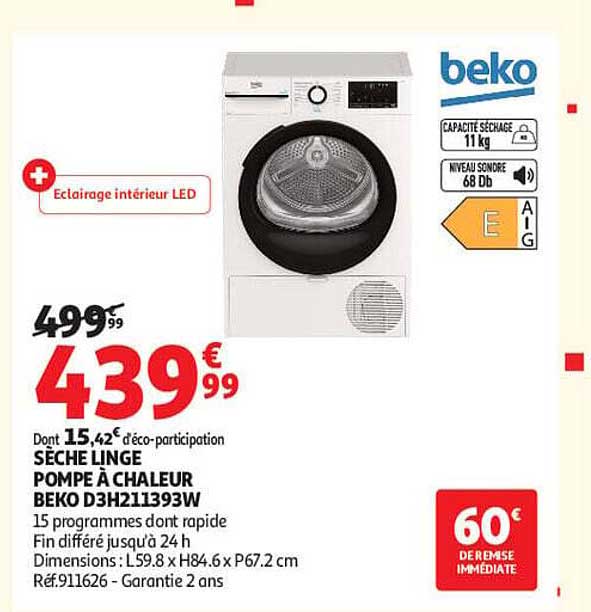 SÈCHE LINGE POMPE À CHALEUR BEKO D3H211393W