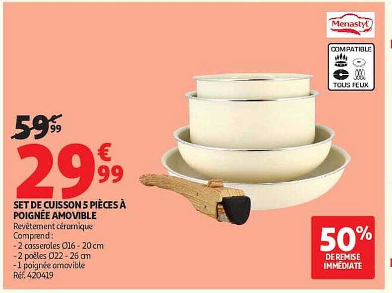 SET DE CUISSON 5 PIÈCES À POIGNÉE AMOVIBLE