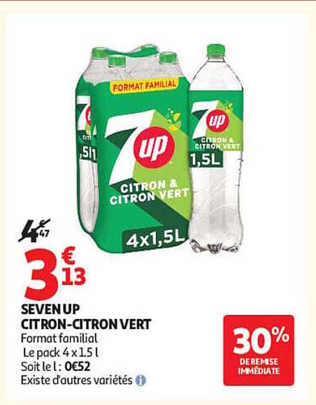 SEVENUP CITRON-CITRON VERT Format familial Le pack 4 x 1,5 l Soit le l : 0€52 Existe d'autres variétés