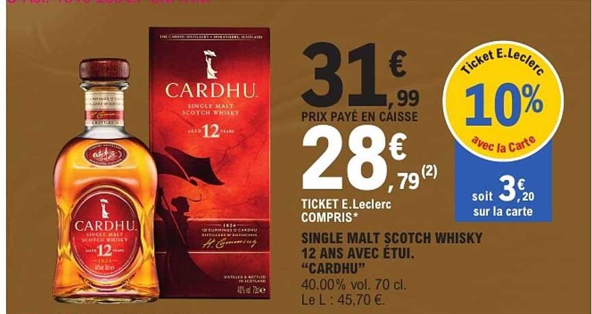 SINGLE MALT SCOTCH WHISKY 12 ANS AVEC ÉTUI. “CARDHU”