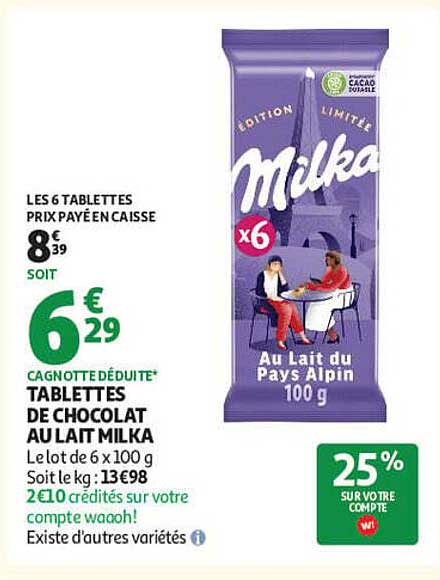 TABLETTES DE CHOCOLAT AU LAIT MILKA