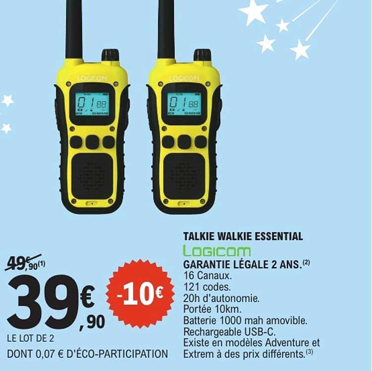 TALKIE WALKIE ESSENTIAL LOGICOM GARANTIE LÉGALE 2 ANS. 16 Canaux. 121 codes. 20h d'autonomie. Portée 10km. Batterie 1000 mah amovible. Rechargeable USB-C. Existe en modèles Adventure et Extrem à des prix différents.(3)