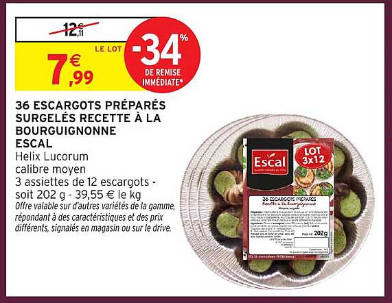36 ESCARGOTS PRÉPARÉS SURGELÉS RECETTE À LA BOURGUIGNONNE ESCAL