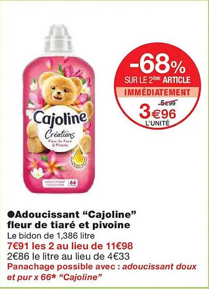 Adoucissant “Cajoline” fleur de tiaré et pivoine