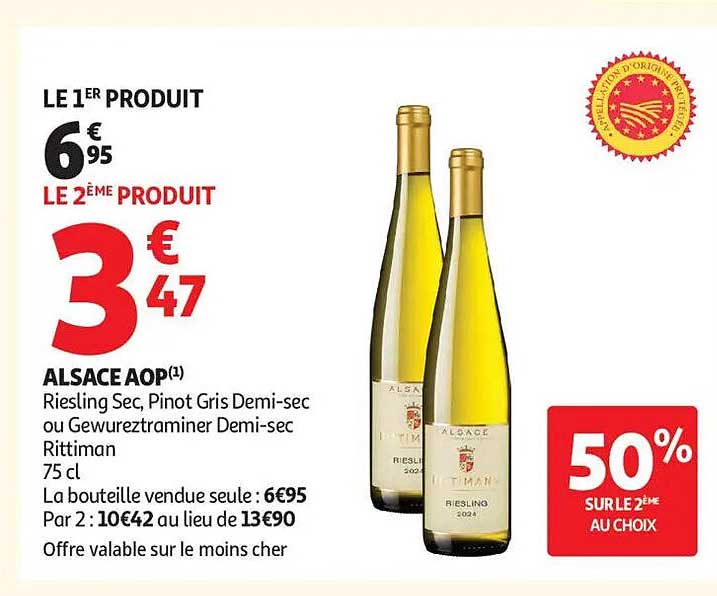 ALSACE AOP Riesling Sec, Pinot Gris Demi-sec ou Gewurztraminer Demi-sec Rittman 75 cl