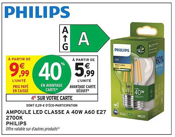 AMPLOULE LED CLASSE A 40W A60 E27 2700K PHILIPS