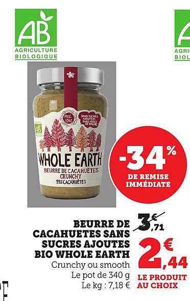 BEURRE DE CACAHUÈTES SANS SUCRES AJOUTÉS BIO WHOLE EARTH