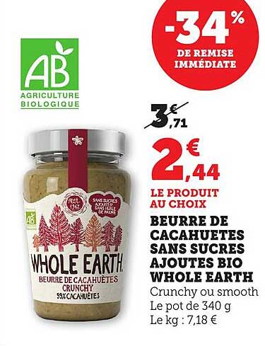 BEURRE DE CACAHUETES SANS SUCRES AJOUTES BIO WHOLE EARTH
