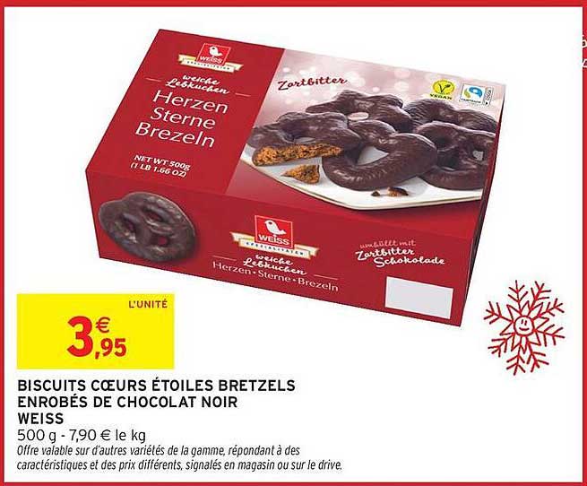 BISCUITS CŒURS ÉTOILES BRETZELS ENROBÉS DE CHOCOLAT NOIR WEISS