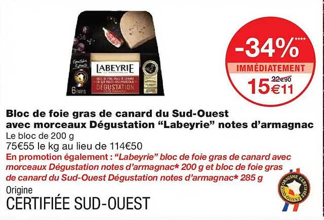 Bloc de foie gras de canard du Sud-Ouest avec morceaux Dégustation “Labeyrie” notes d'armagnac