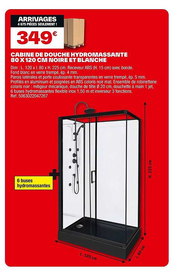 CABINE DE DOUCHE HYDROMASSANTE 80 X 120 CM NOIRE ET BLANCHE