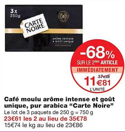 Café moulu arôme intense et goût unique, pur arabica "Carte Noire"