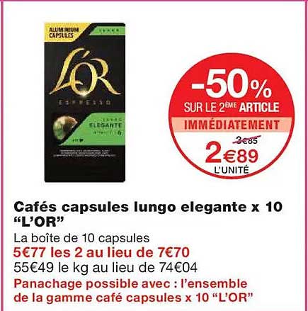 Cafés capsules lungo elegante x 10 “L’OR”