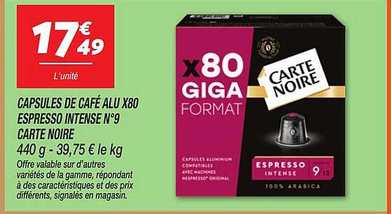 CAPSULES DE CAFÉ ALU X80 ESPRESSO INTENSE N°9 CARTE NOIRE