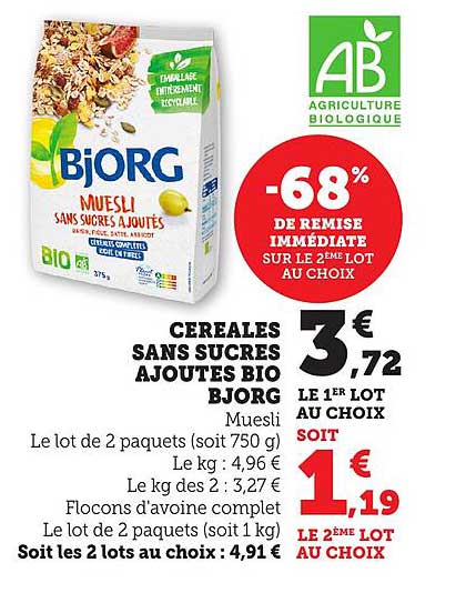 CEREALES SANS SUCRES AJOUTES BIO BJORG