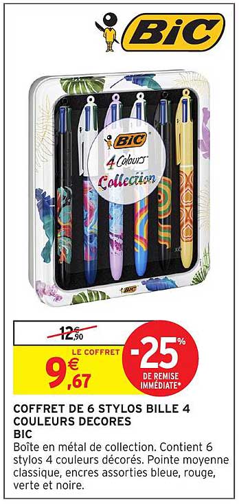 COFFRET DE 6 STYLOS BILLE 4 COULEURS DECORE