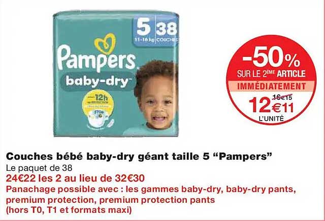 Couches bébé baby-dry géant taille 5 “Pampers”