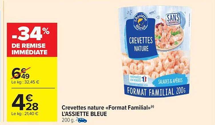 Crevettes nature «Format Familial» L’ASSIETTE BLEUE 200 g.