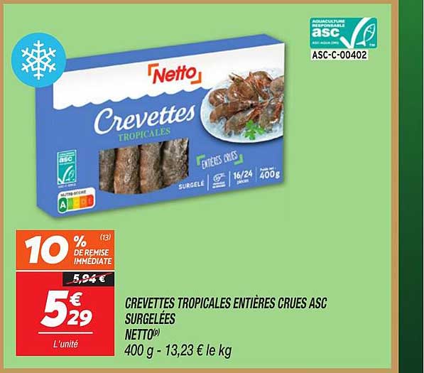 CREVETTES TROPICALES ENTIÈRES CRUES ASC SURGELÉES