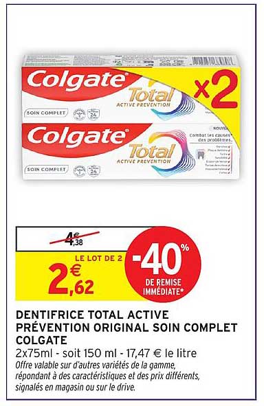 DENTIFRICE TOTAL ACTIVE PRÉVENTION ORIGINAL SOIN COMPLET COLGATE