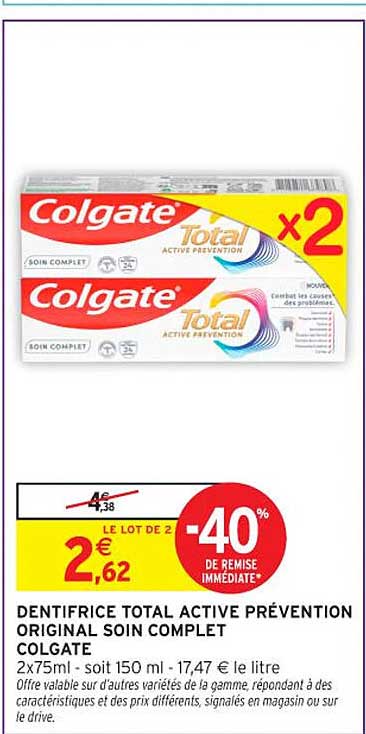 DENTIFRICE TOTAL ACTIVE PRÉVENTION ORIGINAL SOIN COMPLET COLGATE