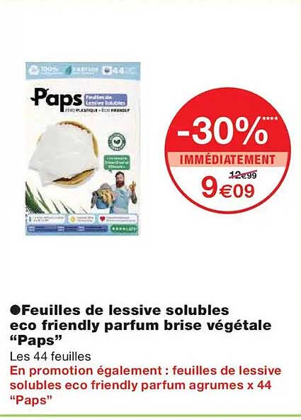 Feuilles de lessive solubles eco friendly parfum brise végétale “Paps”