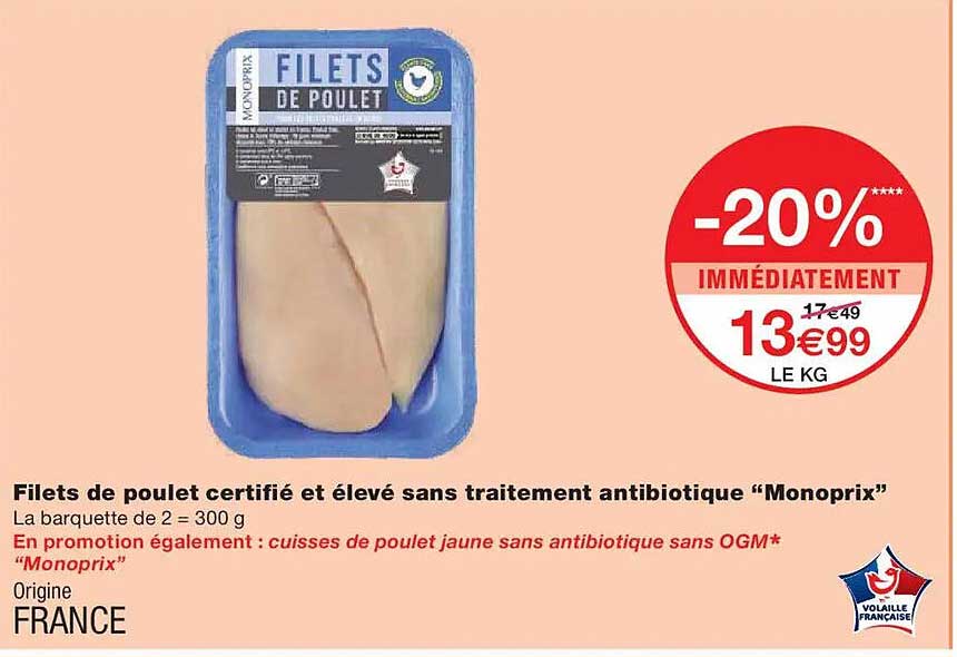 Filets de poulet certifié et élevé sans traitement antibiotique "Monoprix"