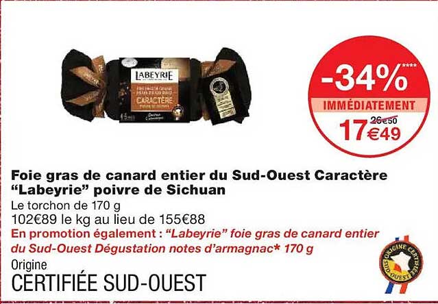 Foie gras de canard entier du Sud-Ouest Caractère “Labeyrie” poivre de Sichuan