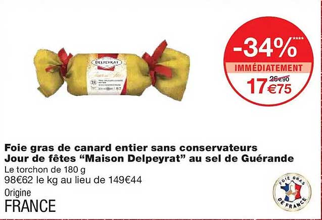 Foie gras de canard entier sans conservateurs Jour de fêtes "Maison Delpeyrat" au sel de Guérande