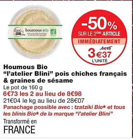 Houmous Bio "l’atelier Blini" pois chiches français & graines de sésame