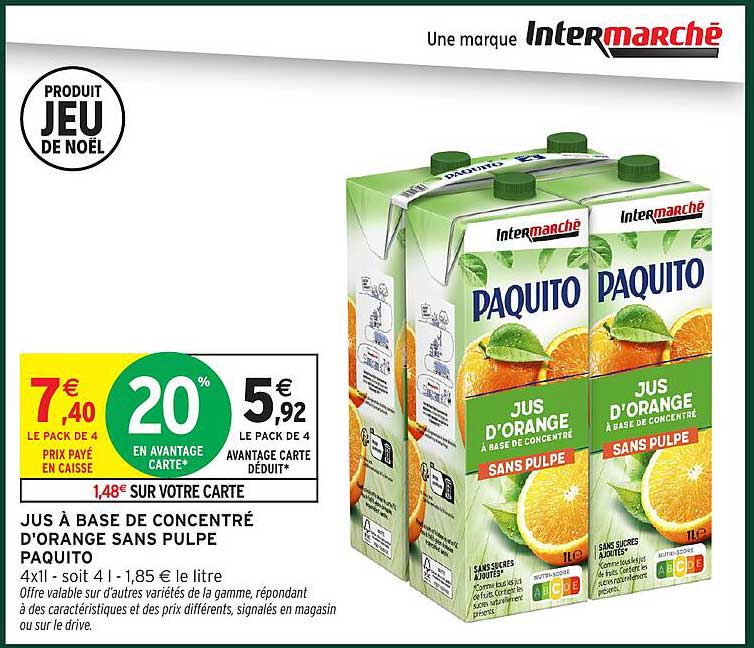 JUS À BASE DE CONCENTRÉ D'ORANGE SANS PULPE PAQUITO