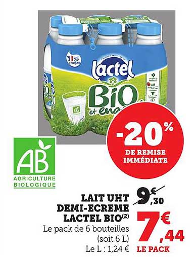 LAIT UHT DEMI-ÉCRÈME LACTEL BIO
