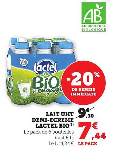 Lait UHT demi-écrémé Lactel Bio