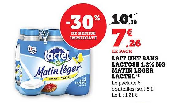 LAIT UHT SANS LACTOSE 1,2% MG MATIN LEGER LACTEL