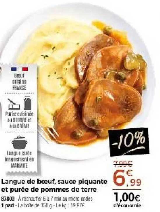 Langue de boeuf, sauce piquante et purée de pommes de terre