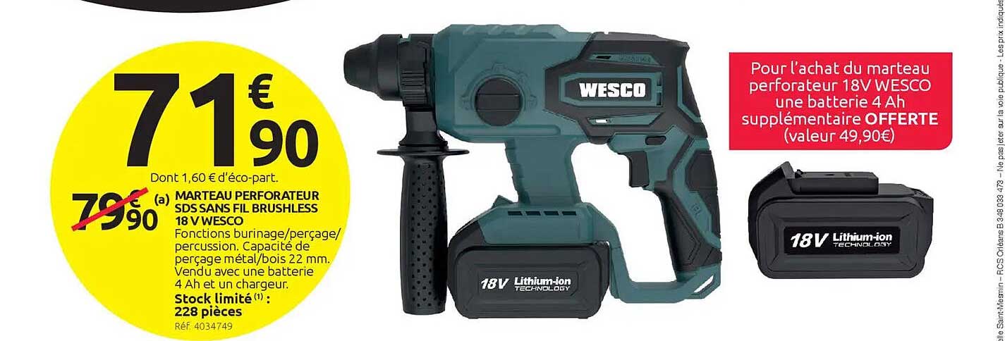 MARTEAU PERFORATEUR SDS SANS FIL BRUSHLESS 18 V WESCO
