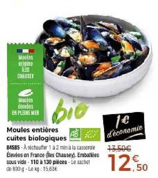 Moules entières cuites biologiques