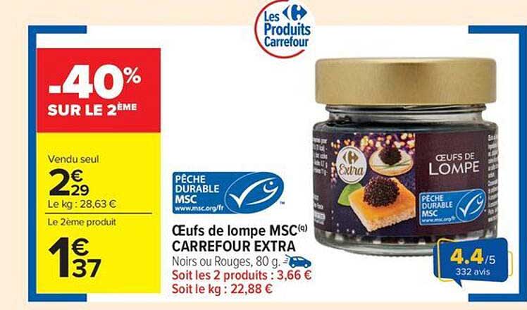 Œufs de lompe MSC Carrefour Extra Noirs ou Rouges, 80 g.