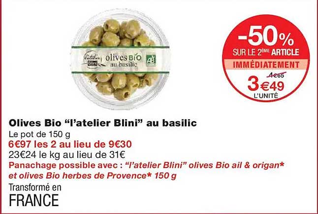 Olives Bio “l’atelier Blini” au basilic