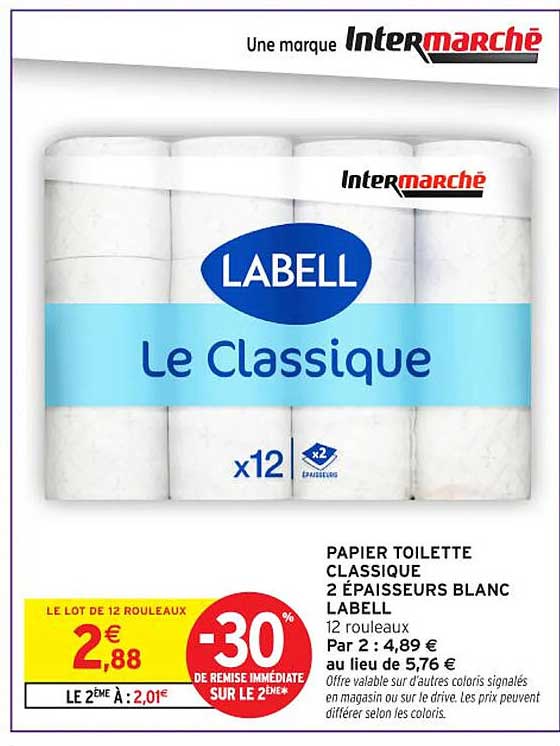PAPIER TOILETTE CLASSIQUE 2 ÉPAISSEURS BLANC LABELL