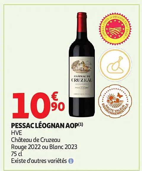 PESSAC LÉOGNAN AOP HVE Château de Cruzeau Rouge 2022 ou Blanc 2023 75 cl