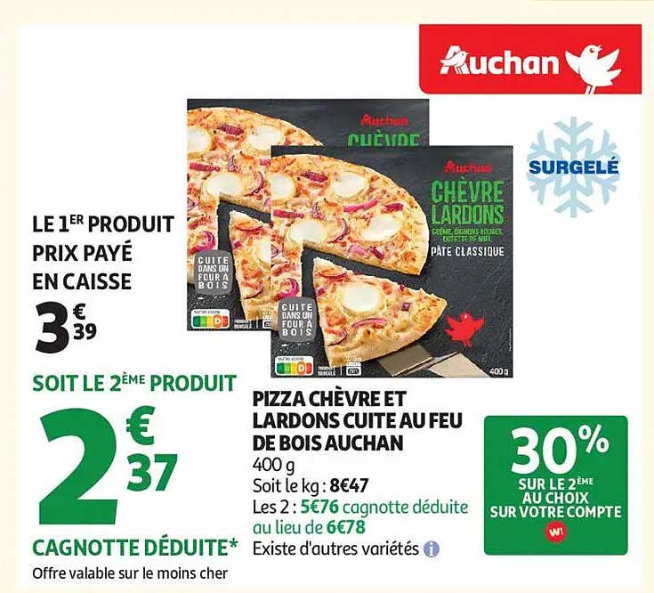 Pizza Chèvre et Lardons cuite au feu de bois Auchan