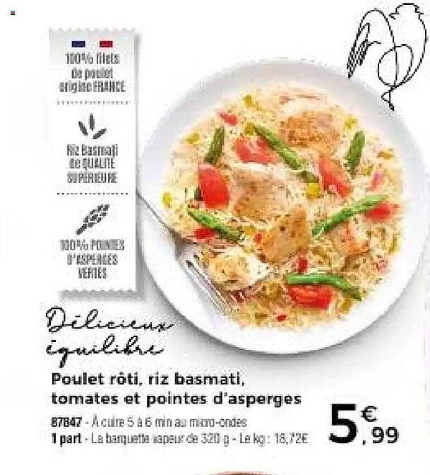 Poulet rôti, riz basmati, tomates et pointes d'asperges