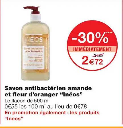 Savon antibactérien amande et fleur d’oranger “Inéos”