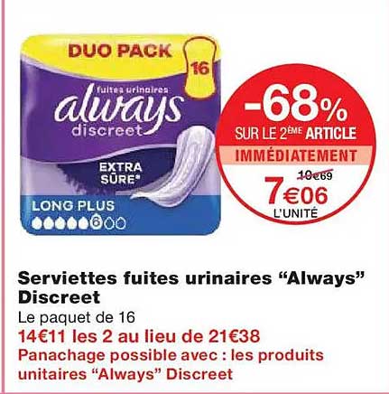 Serviettes fuites urinaires “Always” Discreet