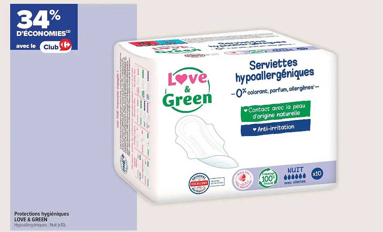 Serviettes hygiéniques LOVE & GREEN - Hypoallergéniques Nuit (x10)